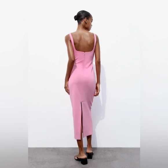 Zara Sleeveless Structured Pink Midi Dress NWT - Picture 2 of 12